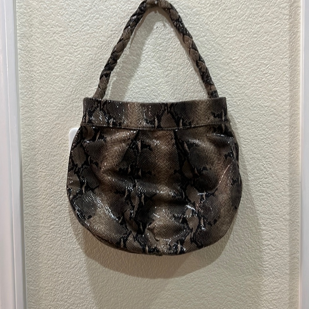 Gianni Bini Shimmer Snake Print Gray Brown Hobo Shoulder Bag w/ Braided Handle